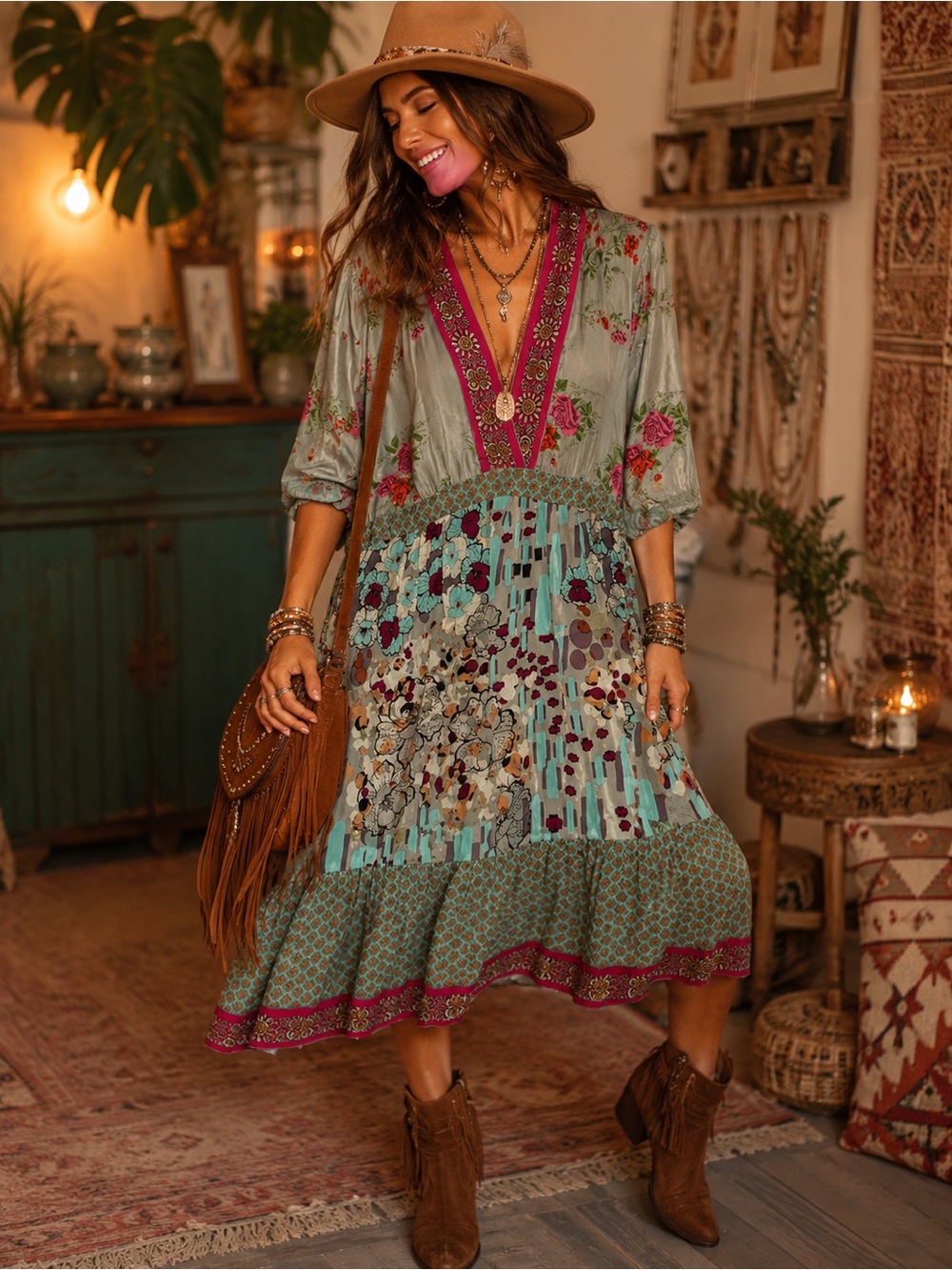 Johnny Was 100% Silk Lined Patchwork Floral Tunic Dress Boho Sz Small